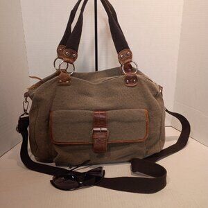 DENSITY Khaki Green Canvas Messenger Bag w Brown Leather Trim